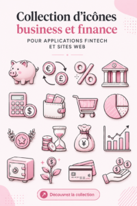 Collection d'icônes roses modernes pour applications financières.