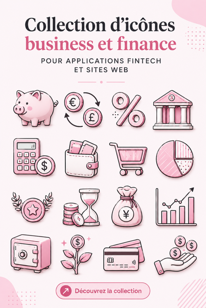 Collection d'icônes roses modernes pour applications financières.