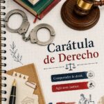 Une carátula de droit présentée sur un bureau avec des livres juridiques.