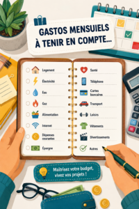 Femme examinant son budget mensuel avec des notes et un ordinateur
