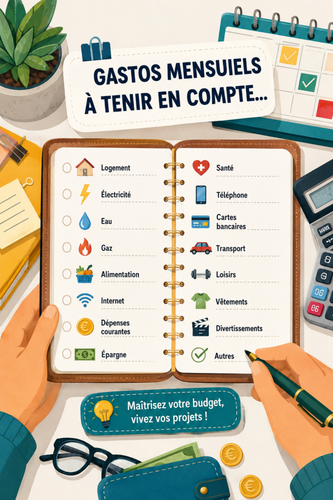 Femme examinant son budget mensuel avec des notes et un ordinateur