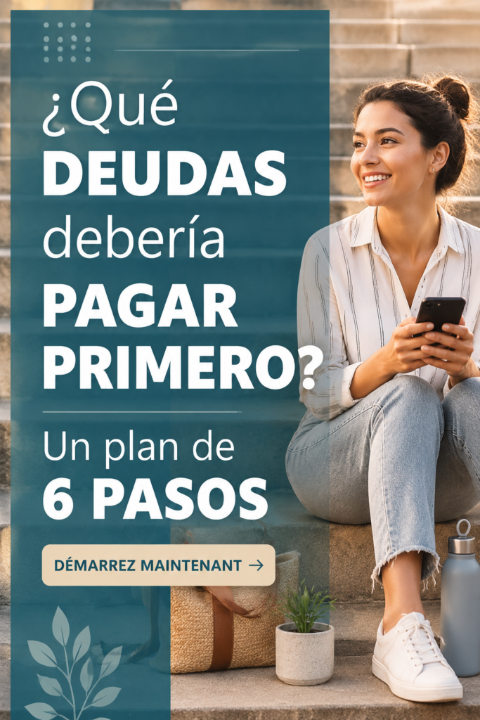Femme souriante consultant un plan de remboursement de dettes sur une table.