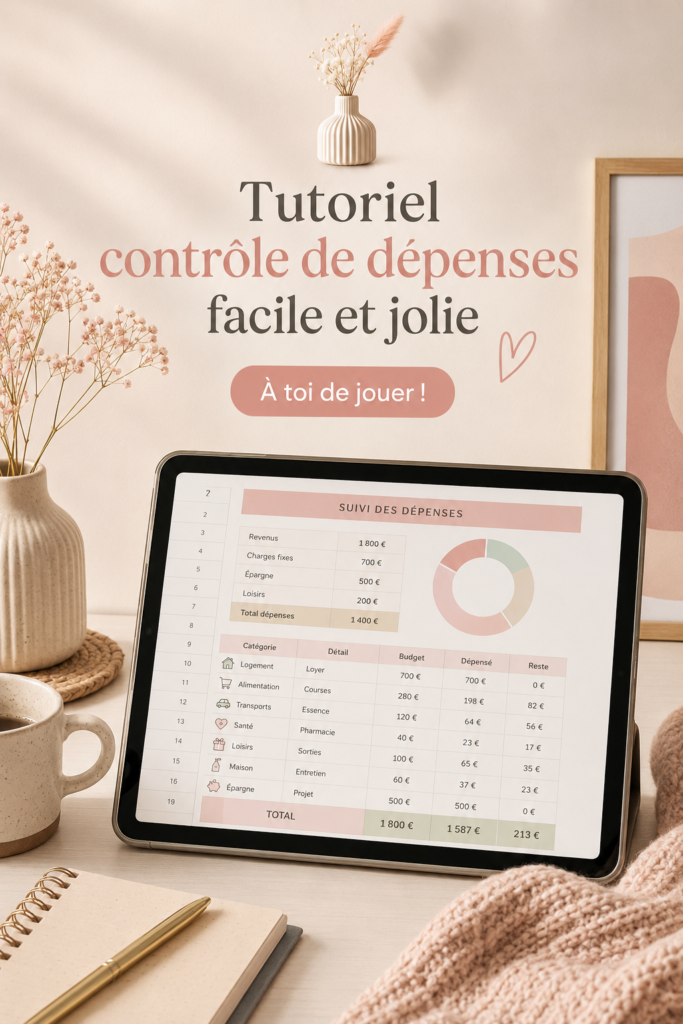 Femme regardant son budget avec un sourire, entourée de fournitures de bureau, symbole de bonne gestion financière.