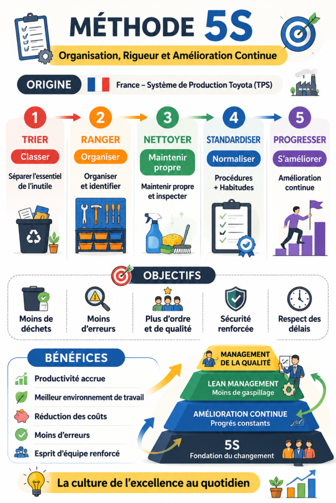 Une image illustrant la méthode des 5S appliquée à un espace de travail ordonné.