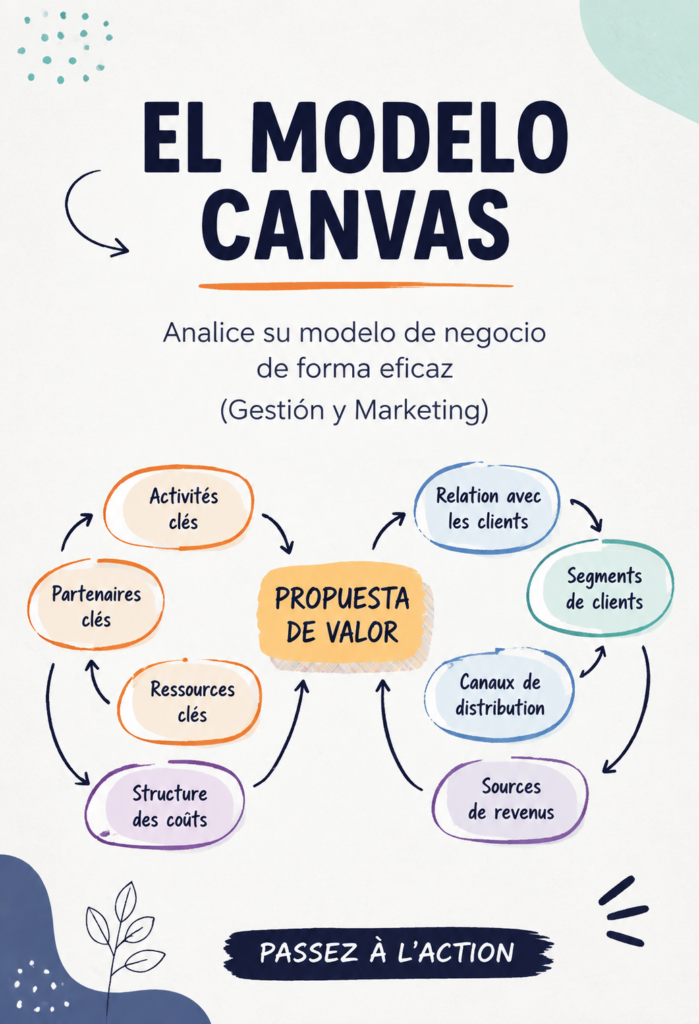 Visuel du modèle Canvas représentant un tableau avec les 9 blocs principaux utiles aux entrepreneurs.