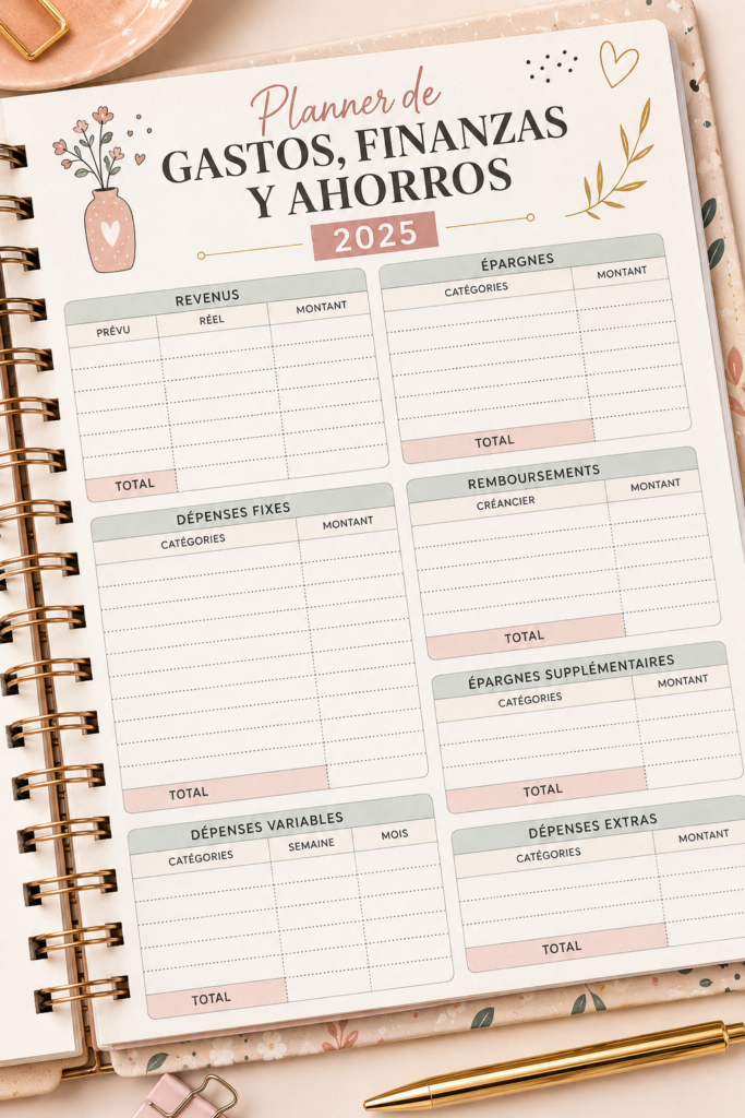 Illustration d'un planner de finances ouvert montrant des sections pour budget et économies.