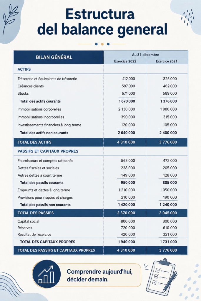 Diagramme illustrant la structure d'un bilan financier avec les actifs, passifs et capitaux propres.