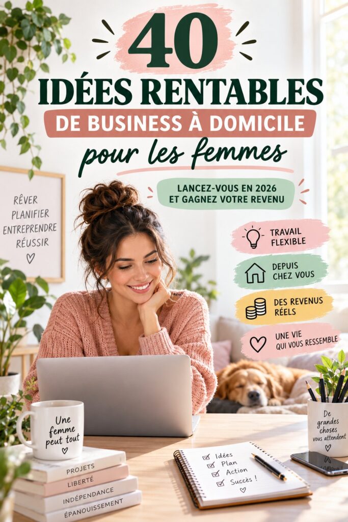 Femme entrepreneuse travaillant depuis son domicile avec un ordinateur portable.