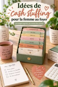 Une femme souriante gérant son budget avec des enveloppes pour le cash stuffing.