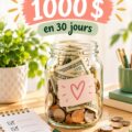 Une femme heureuse regardant son plan d'épargne de 1000 € sur 30 jours