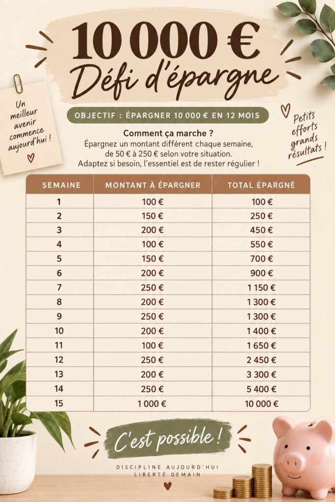 Femme joyeuse réfléchissant à ses économies pour atteindre son objectif de 10 000€.