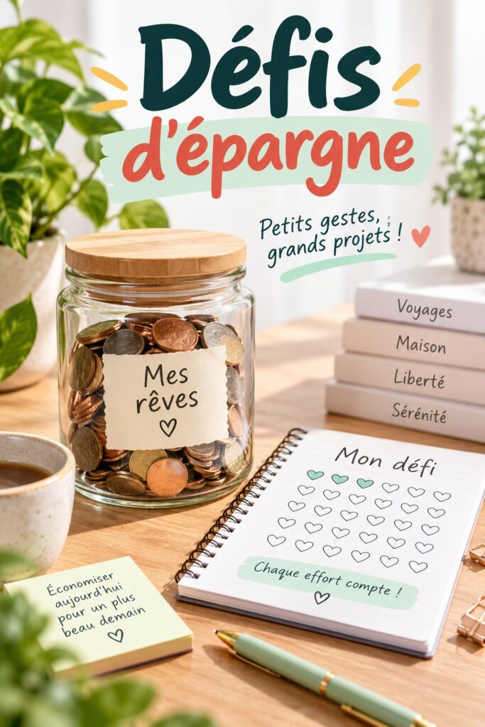Modèles de printables pour défis d'épargne sur une table.