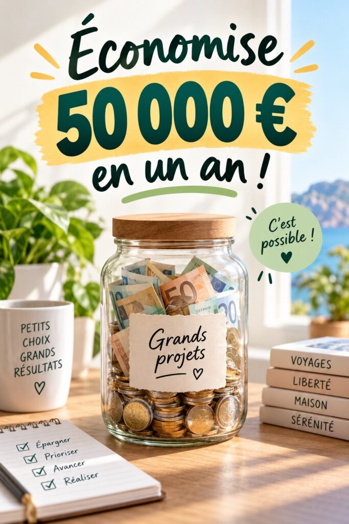 Femme souriante tenant un budget avec des économies en arrière-plan.