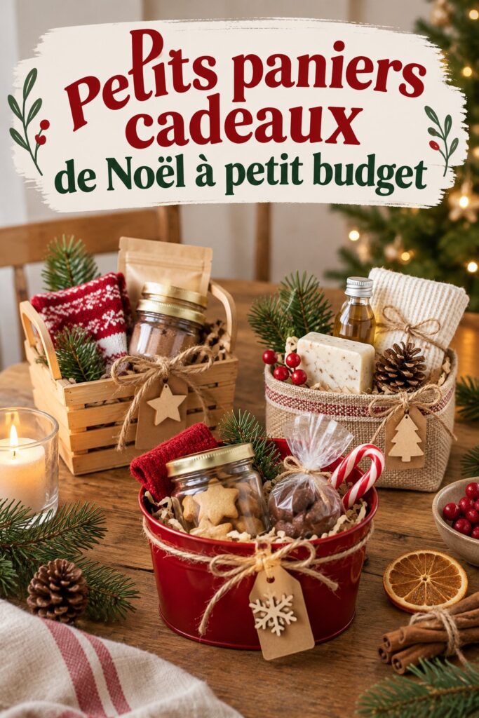 Un panier-cadeau de Noël fait maison avec des friandises et des décorations festives.