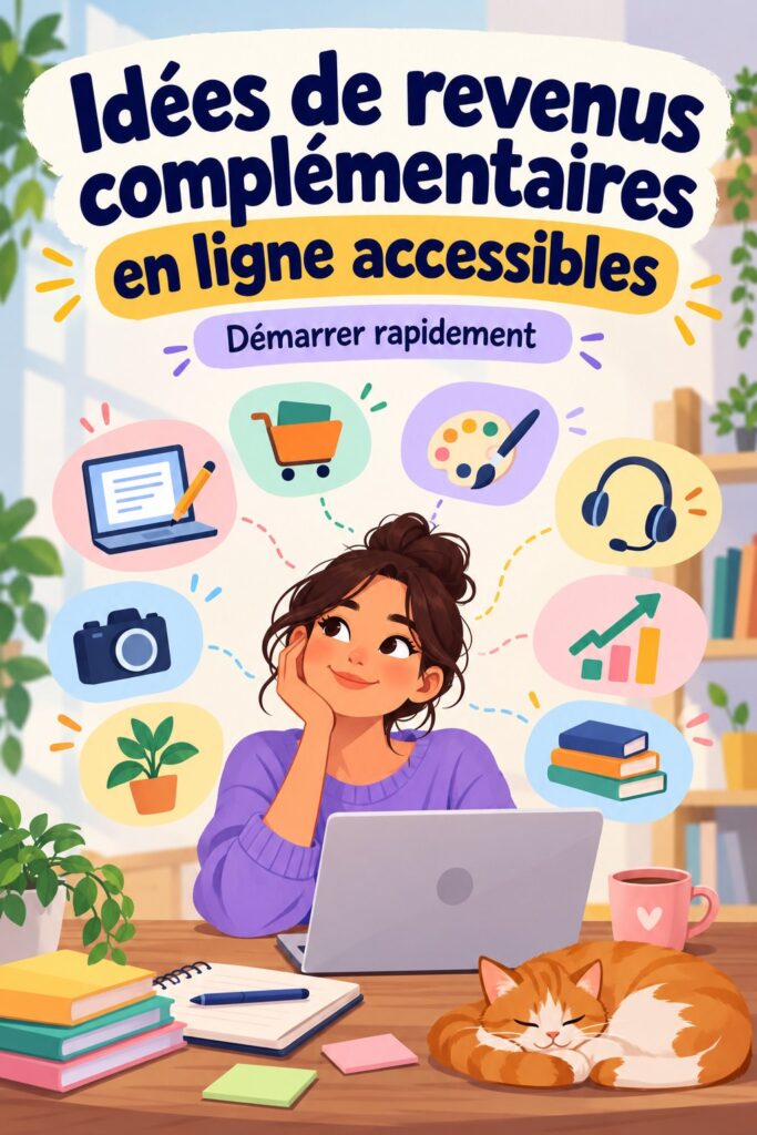 Femme souriante travaillant sur son ordinateur pour gagner un revenu complémentaire en ligne.
