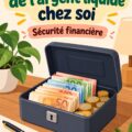 Femme vérifiant ses finances avec des billets de banque étalés devant elle.