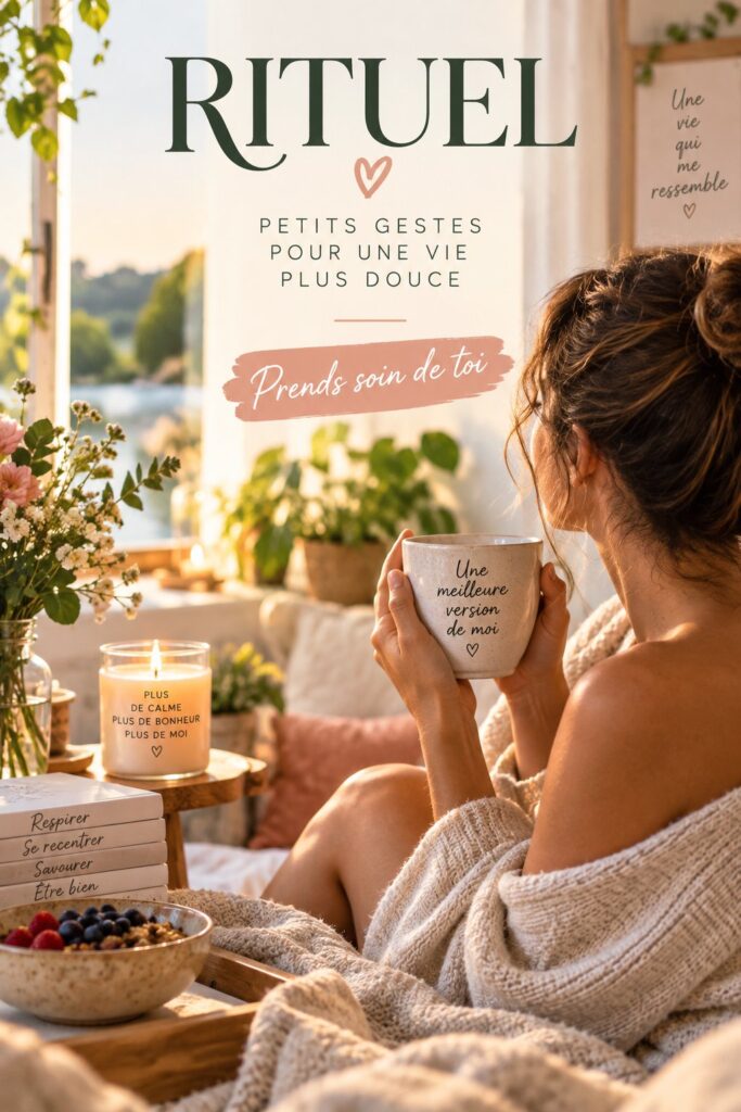 Femme méditant dans un cadre apaisant, symbolisant le bien-être et les rituels quotidiens.