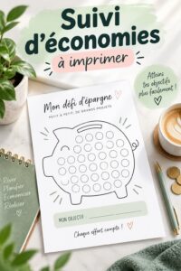 Un tracker d'économies imprimable sur un bureau avec des stylos.