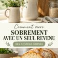 Femme souriante gérant son budget à la maison, représentant un mode de vie frugal