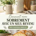 Femme souriante gérant son budget à la maison, représentant un mode de vie frugal