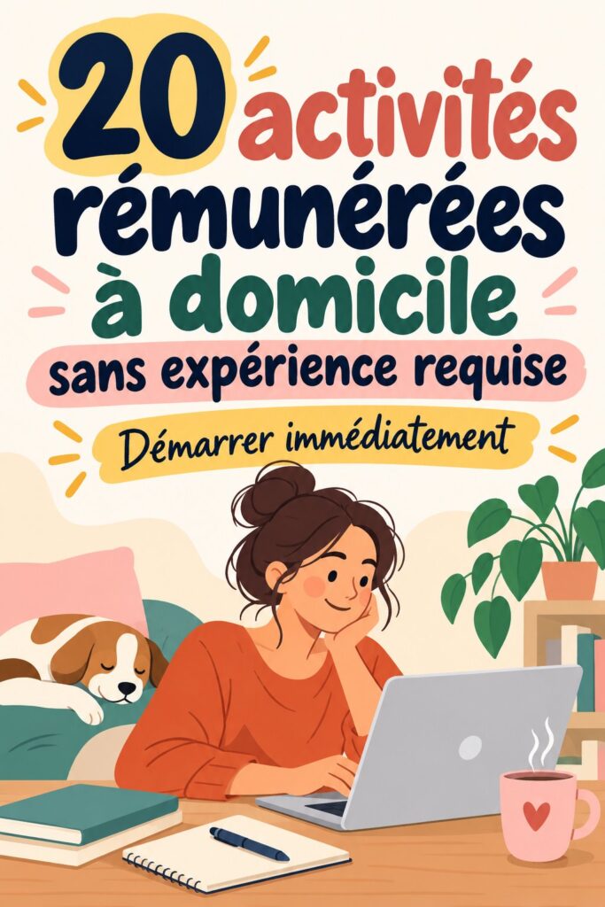 Femme travaillant à domicile sur son ordinateur portable, représentant des activités rémunérées sans expérience.
