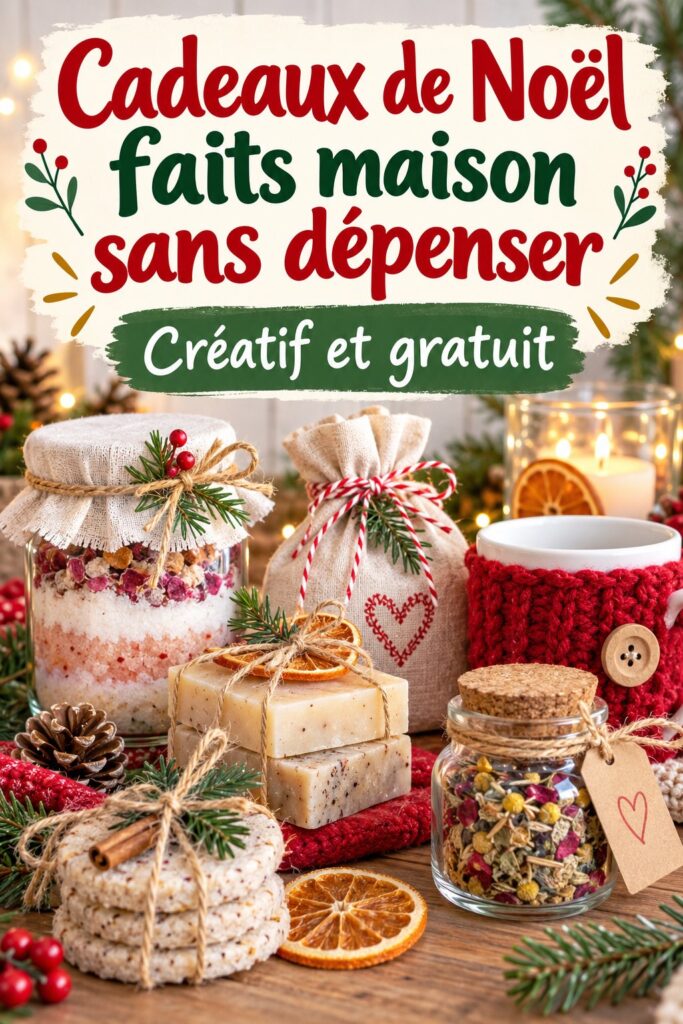 Exemples de cadeaux de Noël faits maison présentés sur une table, mettant en valeur des réalisations créatives et économiques.
