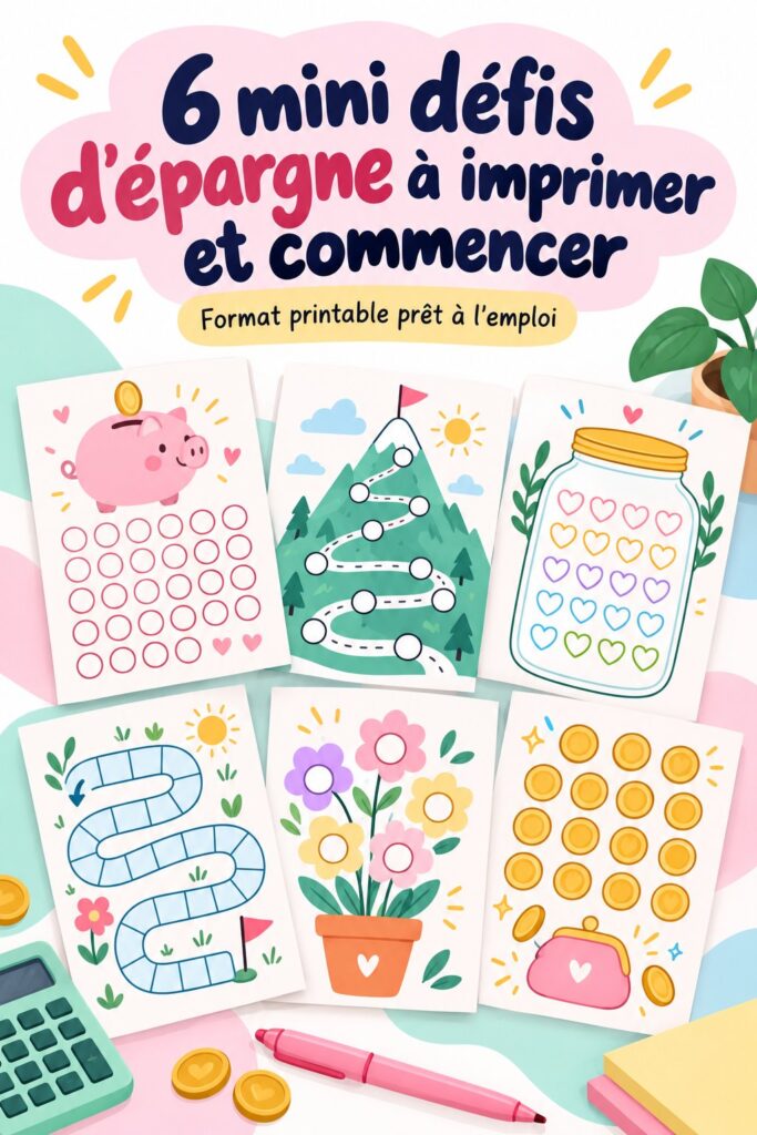 Image de plusieurs défis d'épargne imprimés sur du papier coloré.