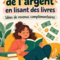 Femme lisant un livre avec un sourire, représentant la passion de lire pour gagner de l'argent.