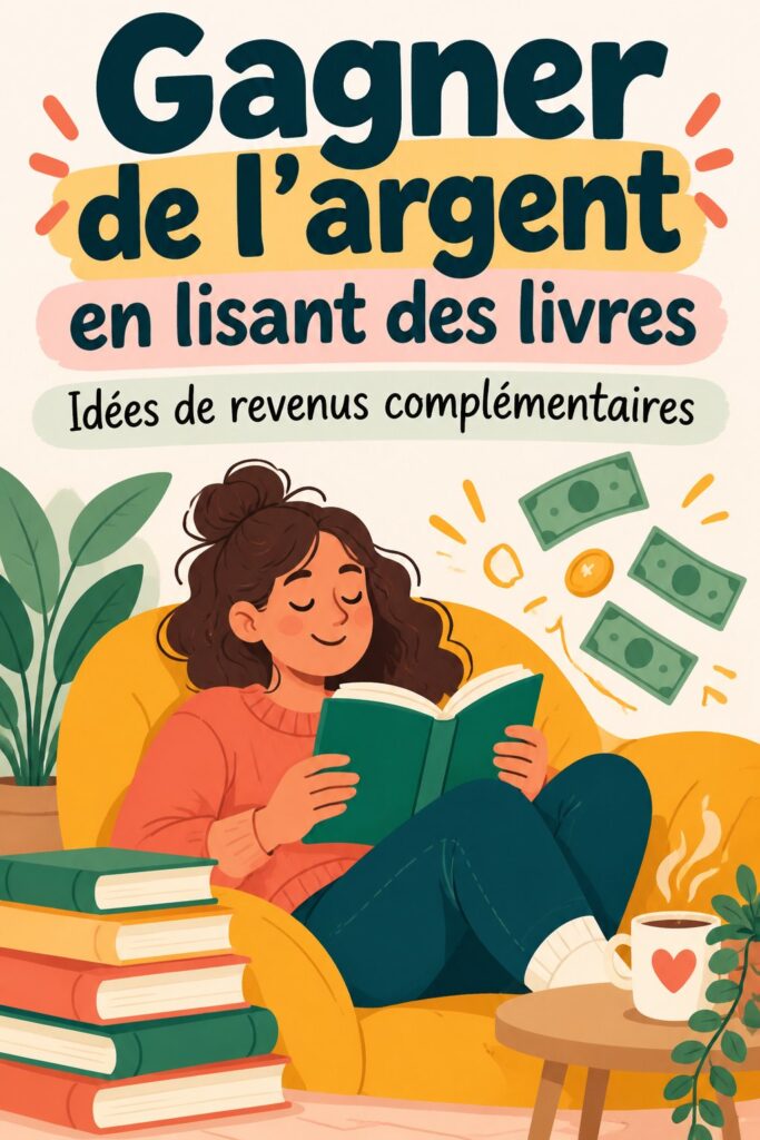 Femme lisant un livre avec un sourire, représentant la passion de lire pour gagner de l'argent.