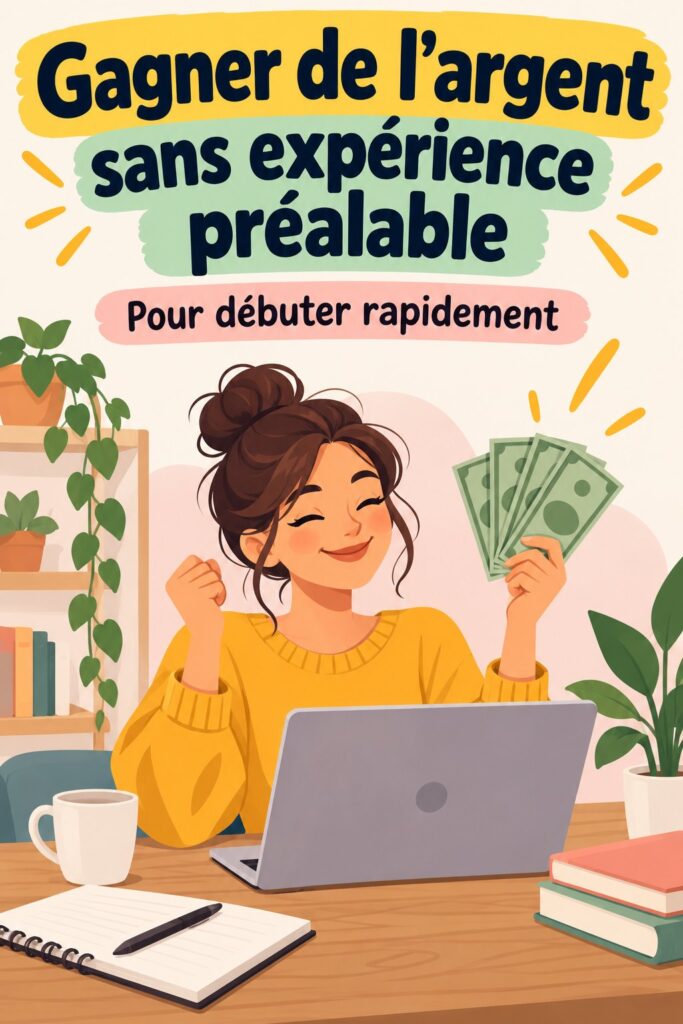 Une femme heureuse tenant un panneau "Gagner de l'argent sans expérience préalable".