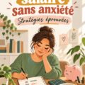 Femme souriante examinant ses finances avec un budget en papier et un ordinateur