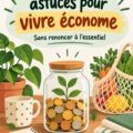 Une femme examinant un budget avec des idées de vie frugale en arrière-plan.