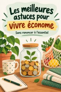 Une femme examinant un budget avec des idées de vie frugale en arrière-plan.