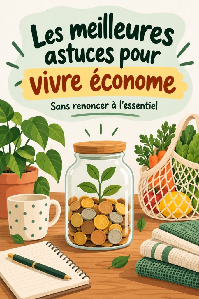 Une femme examinant un budget avec des idées de vie frugale en arrière-plan.