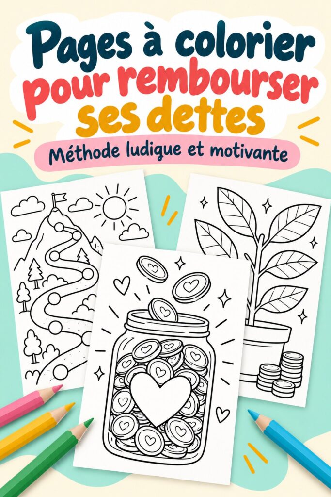 Une femme colorie une page de plan de remboursement de dettes, illustrant une approche créative de la gestion financière.