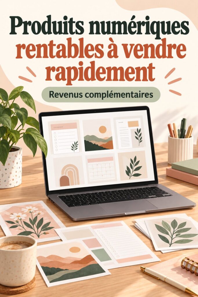 Une femme souriante examine des produits numériques sur son ordinateur portable, symbolisant la vente en ligne.