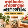 Femme souriante entourée d'objets de vie simple et économique, illustrant des astuces d'économie d'antan.