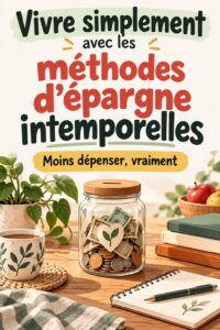 Femme souriante entourée d'objets de vie simple et économique, illustrant des astuces d'économie d'antan.