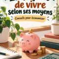 Une femme souriante, consultant son budget sur son téléphone dans un cadre chaleureux et accueillant.